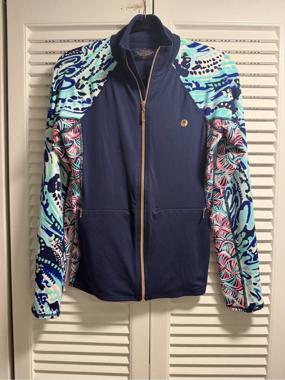 Lilly Pulitzer Luxeletic Navy Zip Up Jacket with Aqua & Pink Printed Sleeves